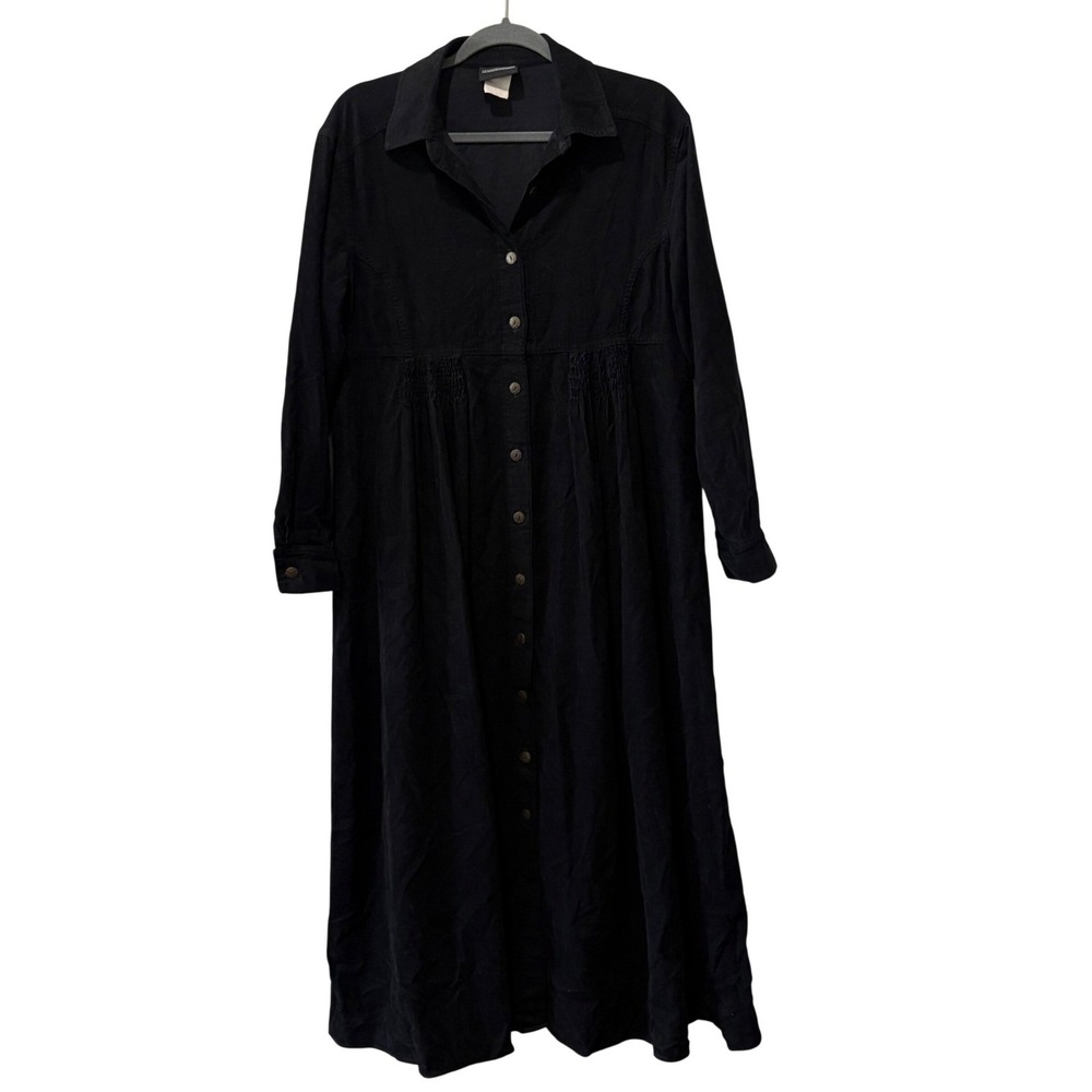 Vintage Dennis Goldsmith Corduroy Maxi‎ Dress Women 8 Black Smocked Button Front